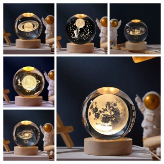 1 个 3D 6 厘米太阳系水晶玻璃球夜灯，具有月亮、银河、爱心云朵等多种图案，配有 6 厘米木质底座，USB 供电，适合作为生日礼物、情人节礼物、斋月节日装饰