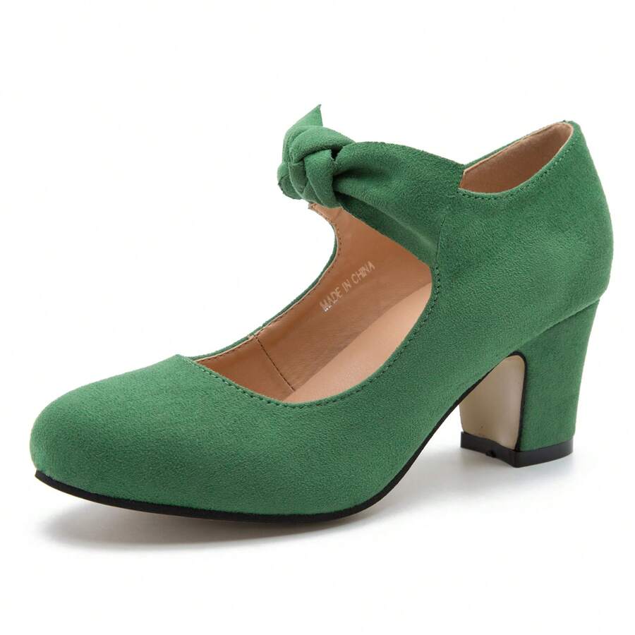 Women's Bow Mary Jane Low Block Chunky Heels Pumps Round Toe Low Heels Ankle Strap Wedding Dress Evening Party Shoes - 綠色 - 查看 1