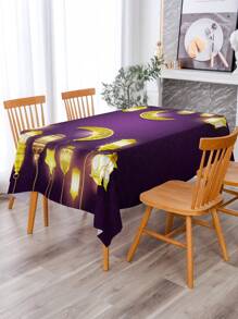 1條節日主題桌布,印有月亮和星星的燈籠和吊飾設計