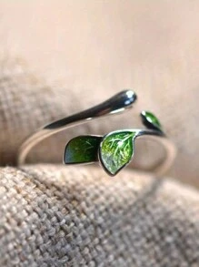Anillo De Hoja De Color Plateado, Anillo De Hoja Verde, Anillo Abierto Ajustable, Anillo Bohemio Unisex Adecuado Para Uso Diario O Como Joyería De Regalo