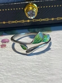 Anillo De Hoja De Color Plateado, Anillo De Hoja Verde, Anillo Abierto Ajustable, Anillo Bohemio Unisex Adecuado Para Uso Diario O Como Joyería De Regalo