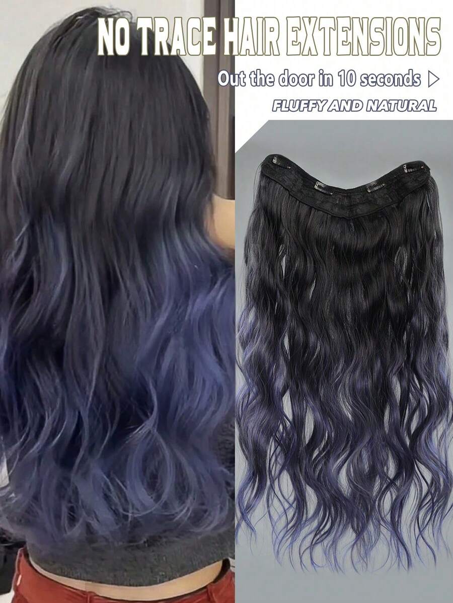 Sợi tổng hợp Hình chữ V Đen Biến đổi dần Xanh Tóc giả Nối tóc 22inch Dài Dợn sóng Tóc NỮ Tóc giả piece