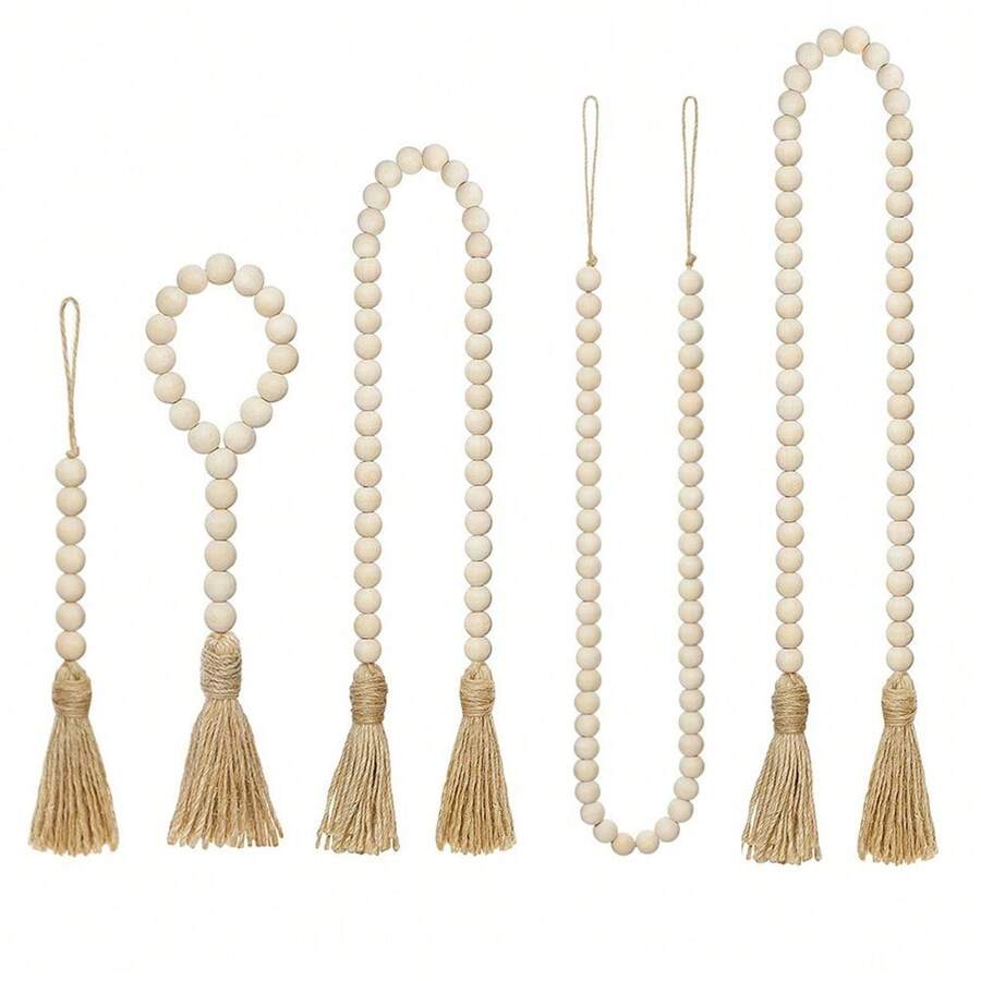 Wood Bead Garland Farmhouse Home Decoration DIY Handmade Garland With Jute Rustic Wall Tassel Bead Ornament For Wall Hanging Boho Gift