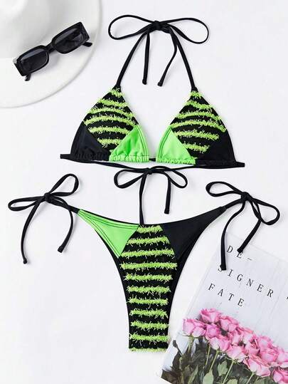 New Splicing Color & Tied Separated Triangle Summer Beach Bikini Set