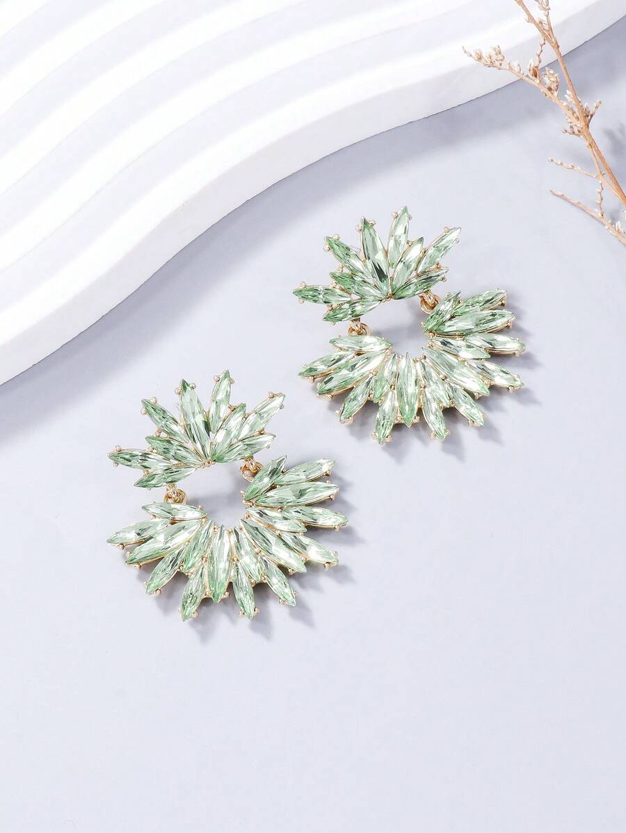 juran 1 Pair Exaggerated Flower Shaped Rhinestone & Sparkling Water Drop Earrings - Mint Green - View 1