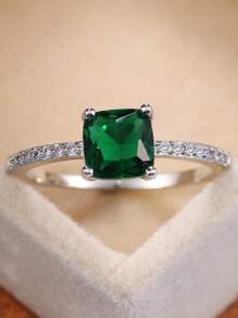 1個風格時尚的方形鋯石裝飾女戒,專為紀念日、生日派對而設 - 綠色 - 查看 1