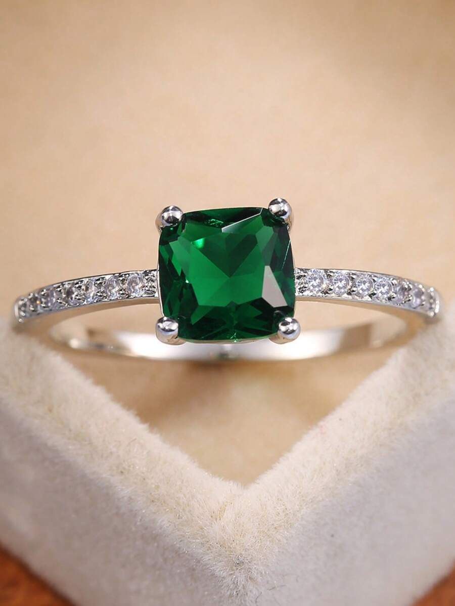 1個風格時尚的方形鋯石裝飾女戒,專為紀念日、生日派對而設 - 綠色 - 查看 1