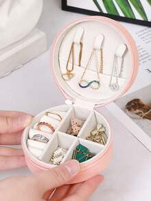 1 件圆形珠宝盒便携式 PU 珠宝收纳盒项链耳环戒指展示多格旅行收纳盒刺绣贴花 26 个字母 A 到 Z 粉色珠宝盒 - 粉色 - 查看 3