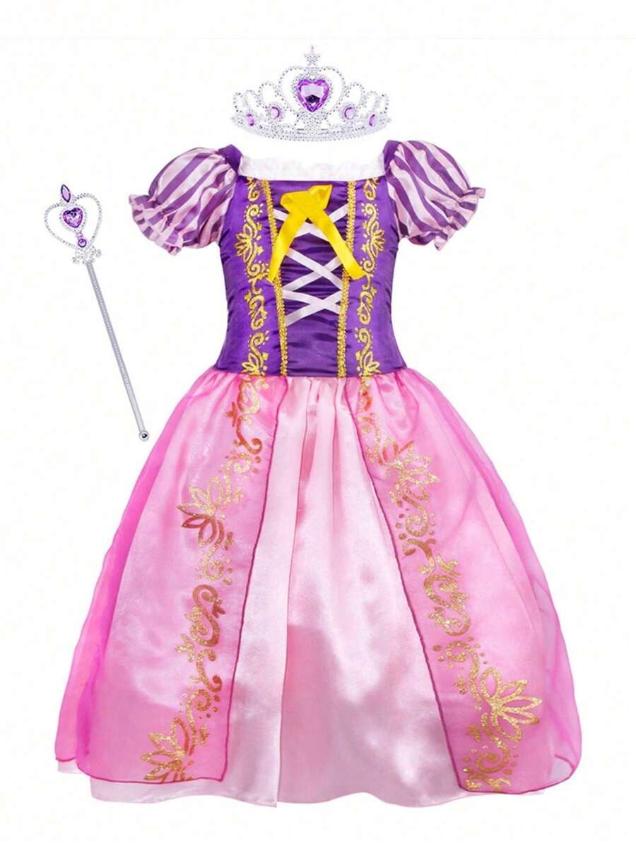 Encantador Disfraz de Princesa Rapunzel para Niñas, Vestido Morado con Accesorios Brillantes, Ideal para Cosplay y Fiestasy - Albaricoque - Ver 1