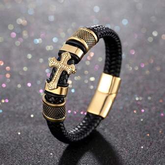 1pc Yun Jin Magnetic Clasp Braided Bracelet With Cross Pendant For Men, Punk Style Leather Wristband