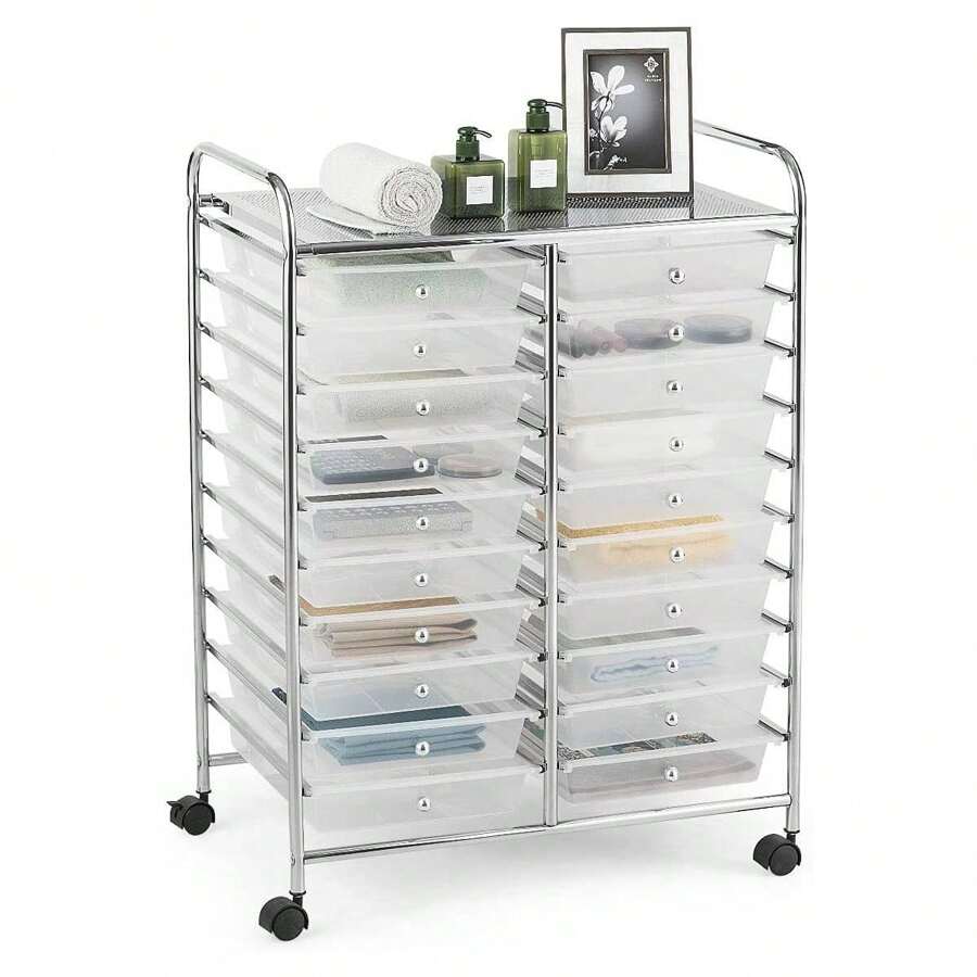 Trolley With Drawers, Bathroom Trolley With 4 Rotating Wheels, Metal Frame, Trolley With Wheels For Office, Kitchen, Living Room (Transparent) - White - View 1