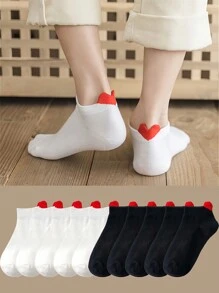 10 Pares/pack Calcetines De Mujer De Color Sólido Con Talón Estéreo Y Estampado De Corazón, Calcetines Cómodos Y Transpirables Estilo Lady Boat De Corte Corto En Estilo Universitario