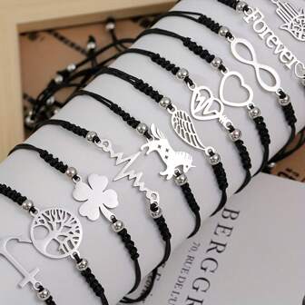 Juego de 12 pulseras de acero inoxidable tejidas a mano, regulables, con diseños de mariposa y trébol, ideal como regalo para el Día de San Valentín, Día de la Madre