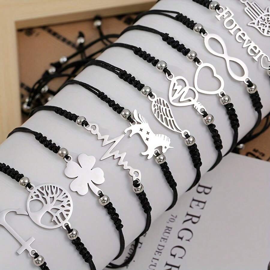 不锈钢套件手链手工编织可调节爱情蝴蝶四叶草12件不锈钢手链情人节、妈妈、母亲、母亲节、礼物 - 12pcs手鍊套裝 - 查看 1