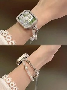 1入組寶石水晶珍珠鍊彈性不鏽鋼錶帶,滑動扣環,適用於蘋果手錶38mm40mm41mm42mm44mm45mm,銀色 - 銀色 - 查看 3