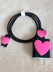 6 cái/bộ Túi đựng dây cáp Eva + Dây quấn hình trái tim 1,5m + Vỏ bảo vệ đầu sạc Tpu, Tương thích với iPhone 12/13/14, Có cáp dữ liệu sạc nhanh 20w - Màu Hồng Tươi - Xem 5