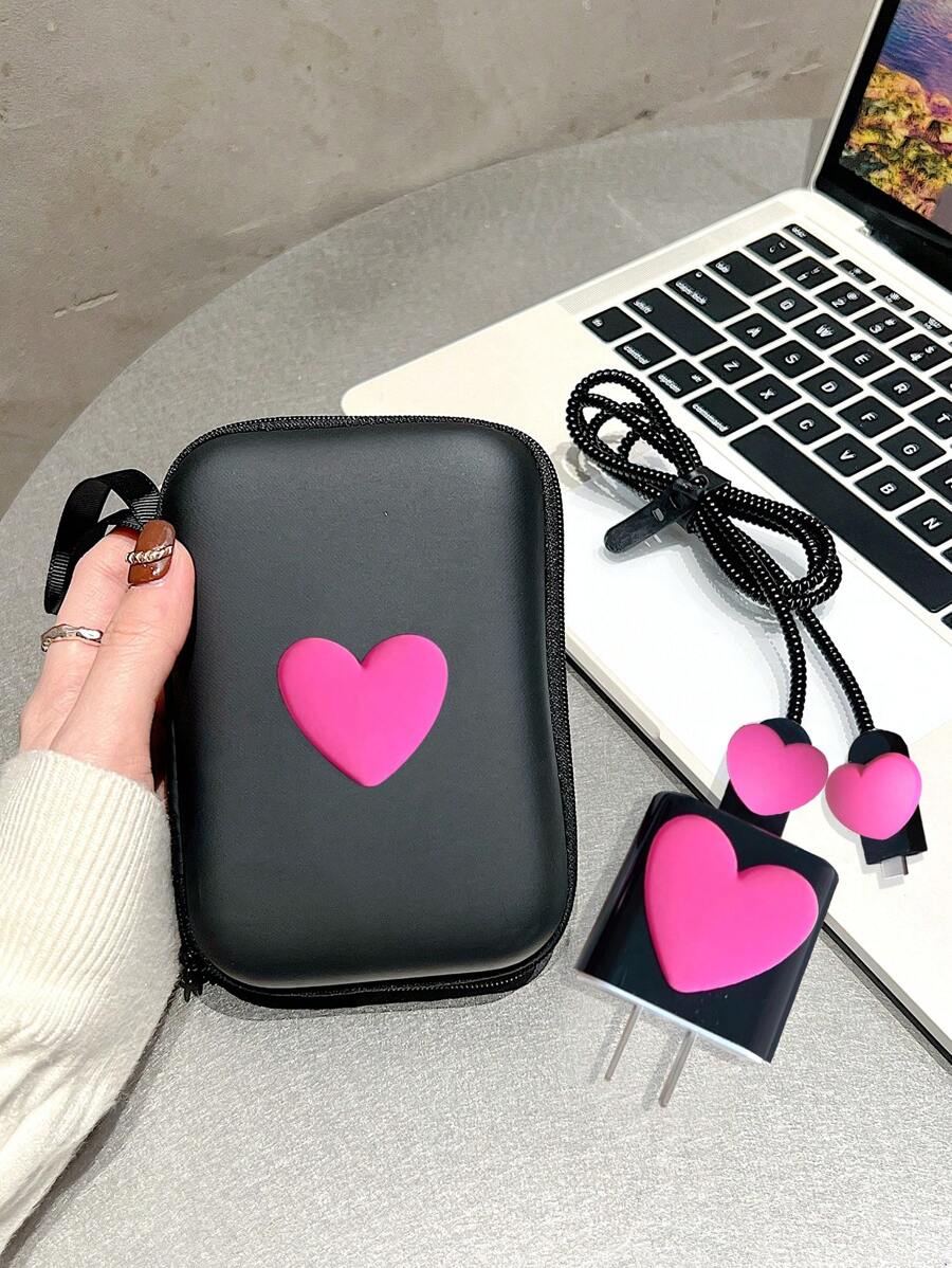 6 cái/bộ Túi đựng dây cáp Eva + Dây quấn hình trái tim 1,5m + Vỏ bảo vệ đầu sạc Tpu, Tương thích với iPhone 12/13/14, Có cáp dữ liệu sạc nhanh 20w - Màu Hồng Tươi - Xem 1