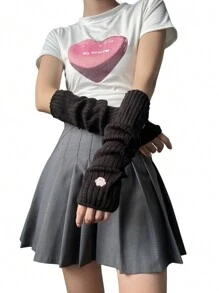 1對甜美又可愛的白色無指臂套，繡有紅心/貓爪圖案的針織手套/袖套，日式簡約女款手套，可愛的洛麗塔公主風格黑色手套和有Y2K元素的針織臂套，適用於學生/日常穿著/外出/派對等場合 - 彩色 - 查看 7