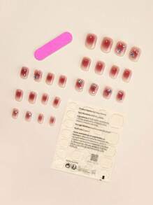 24入組短方形甜美風格漸層腮紅美甲貼片,帶鑽石鑲嵌美甲貼片,附1支美甲文件和1支果凍膠 - 彩色 - 查看 2