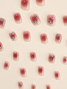 24入組短方形甜美風格漸層腮紅美甲貼片,帶鑽石鑲嵌美甲貼片,附1支美甲文件和1支果凍膠 - 彩色 - 查看 4