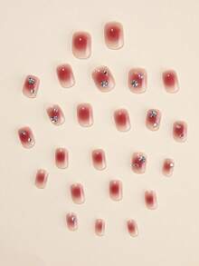 24入組短方形甜美風格漸層腮紅美甲貼片,帶鑽石鑲嵌美甲貼片,附1支美甲文件和1支果凍膠 - 彩色 - 查看 3