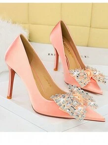 3391-H9 Giày cao gót thời trang phong cách Hàn Quốc dành cho phụ nữ trưởng thành cho tiệc tùng với gót mỏng, giày cao gót siêu cao, mũi thấp, mũi nhọn, trang trí bằng đá quý và nơ, giày cho phụ nữ - Hồng - Xem 3