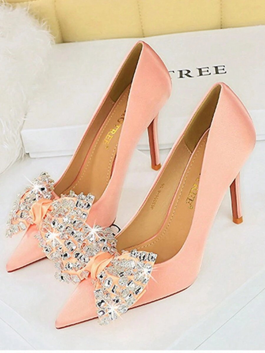 3391-H9 Giày cao gót thời trang phong cách Hàn Quốc dành cho phụ nữ trưởng thành cho tiệc tùng với gót mỏng, giày cao gót siêu cao, mũi thấp, mũi nhọn, trang trí bằng đá quý và nơ, giày cho phụ nữ - Hồng - Xem 1