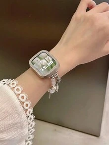 1入組寶石水晶珍珠鍊彈性不鏽鋼錶帶,滑動扣環,適用於蘋果手錶38mm40mm41mm42mm44mm45mm,銀色 - 銀色 - 查看 11