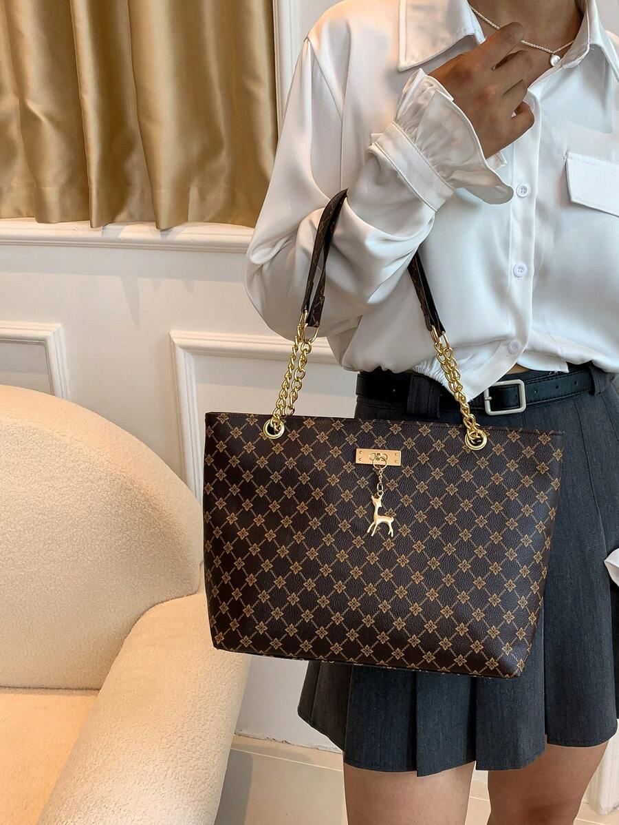 1pc Fashionable Metal Deer Decor Handbag, Large Capacity Chain Shoulder/Crossbody/Tote Bag With Diamond, Flower & Vintage Floral Pattern, Casual Handbag Suitable For Office, Commute And Outdoor Activities, Women