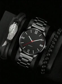 DEMOSS Fashionable Men'S Quartz Watch & Wing Beaded Bracelet 3pcs/Set - Black - View 1