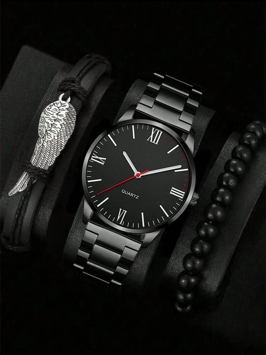 DEMOSS Fashionable Men'S Quartz Watch & Wing Beaded Bracelet 3pcs/Set - Black - View 1