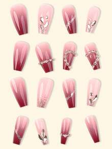 Y2k時尚風格,24入組芭蕾粉到酒紅漸變法式長假指甲,配有心形和鏈條設計,銀色閃爍和鑲嵌鑽石裝飾,別緻、優雅、甜美、可愛風格。套件包括可拆卸的假指甲和指甲貼片,便於在節日、派對、約會和日常穿著時使用。24入水凝膠和指甲文件作為禮物贈送。 - 粉色 - 查看 3