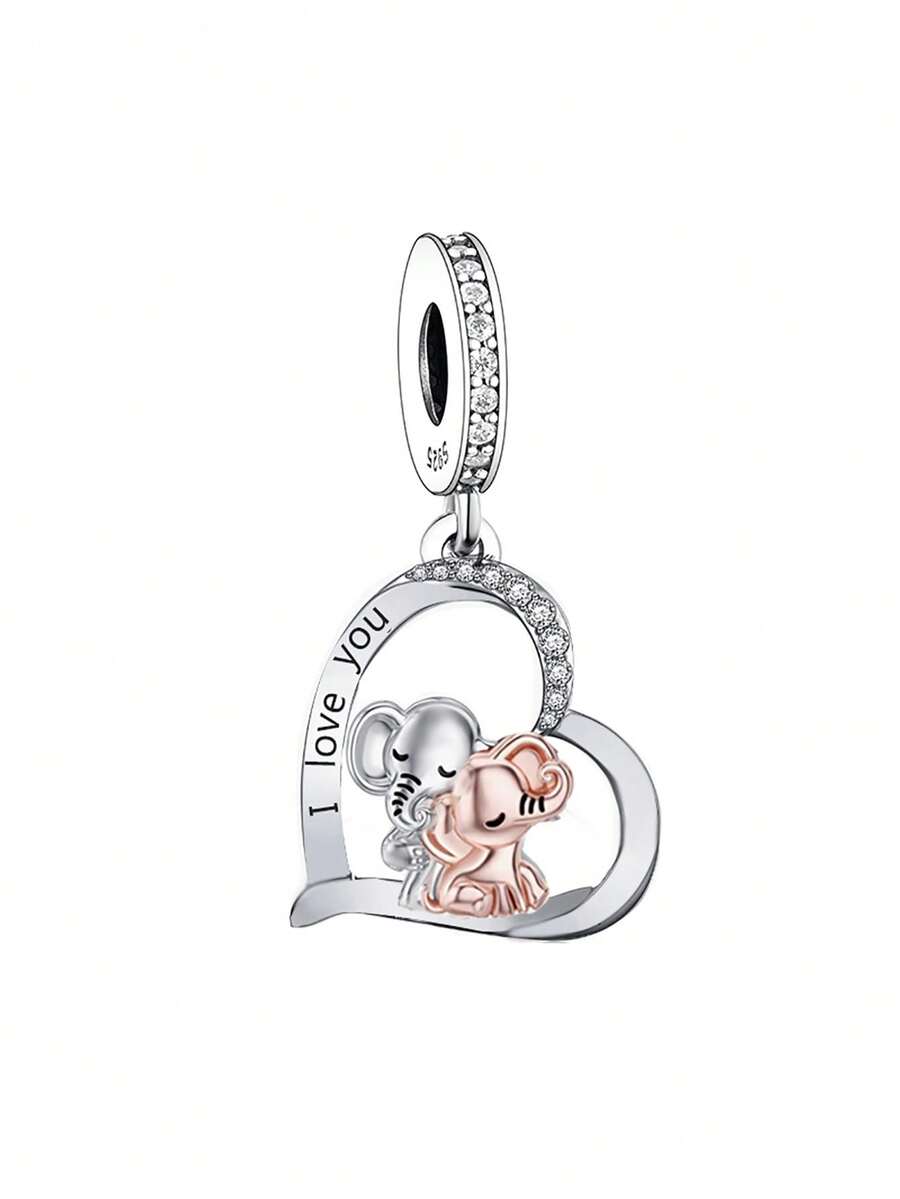 1入個性化925純銀心形象大象情侶吊墜珠,帶鋯石,情人節diy女友禮物 - Q2916-2 - 查看 1