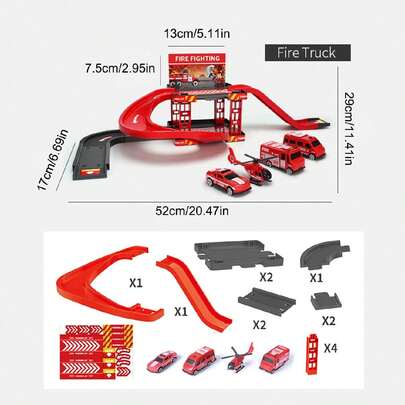 19pcs Fire Truck Parking Lot Toy Set With 4 Sliding Cars, Diy Assembly Track, Multi-Level Car Building Model, Parent-Child Interaction Boy Toy Gift Box, Birthday Gift, Children's Day Gift, Festival Gift,Car Toy Storage,Toy Car For Kids,Kids Boy Toys,Back To School
