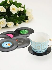 6pcs/Set Retro Vinyl Record & Cd Design Round Silicone Cup Coaster Anti-Slip Heat Insulation Pad - Black - View 1