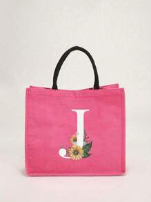 1个简约字母印花亚麻手提袋，情人节送给女友的礼物，多功能便携手提包，教师节送给女性的礼物，字母印花手提袋，化妆包，优雅旅行沙滩包，可重复使用的购物袋，适合婚礼、生日、海滩、节日和其他场合，送给女性的绝佳礼物 - 玫紅色 - 查看 28