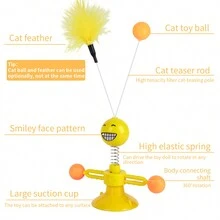 猫玩具羽毛玩具，适合室内猫，互动羽毛风车猫玩具，带羽毛和球的猫转盘弹跳玩具，室内互动猫玩具，逗猫棒玩具，适合无聊时自娱自乐 - 黃色 - 查看 4