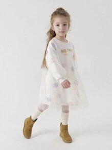 MARC&JANIE Young Girls Sweet & Fun Strawberry Print Mesh Contrast Round-Neck Dress, Spring