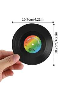 6pcs/Set Retro Vinyl Record & Cd Design Round Silicone Cup Coaster Anti-Slip Heat Insulation Pad - Black - View 2