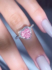 1 PC Romantic Pink Heart Cubic Zirconia Ring For Women For Valentine's Day Gift Wedding Engagement Anniversary Party Jewelry,Mom,Mother,Mother's Day,Gift