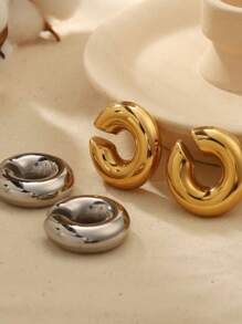 2pairs Fashionable Stainless Steel Smooth Surface C-Shaped Women's Ear Clip Set, Personalized Earrings