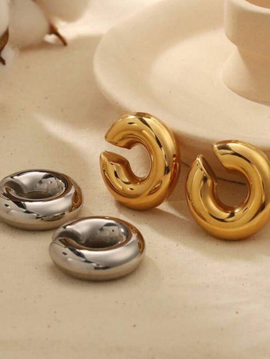 2pairs Fashionable Stainless Steel Smooth Surface C-Shaped Women's Ear Clip Set, Personalized Earrings