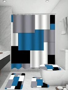 1pc Abstract Checkered Shower Curtain Or Bathroom Mat & Toilet Mat 4pcs Set, Waterproof Shower Curtain Set With 12 Shower Curtain Hooks Included - Multicolor - View 6