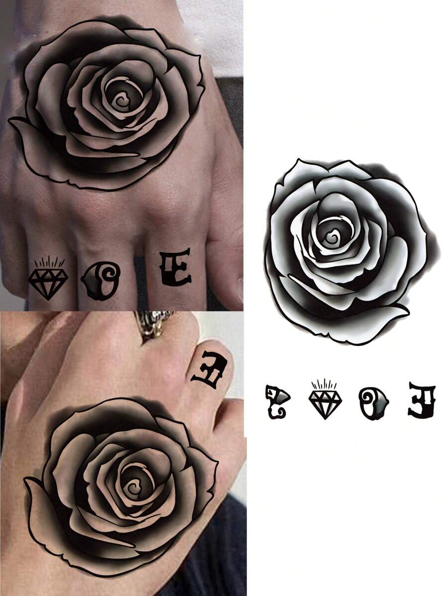 臨時黑玫瑰刺青貼紙1張,防水耐用逼真的男女花式手臂全身紋身貼紙,手指和手背 - 黑色 - 查看 1