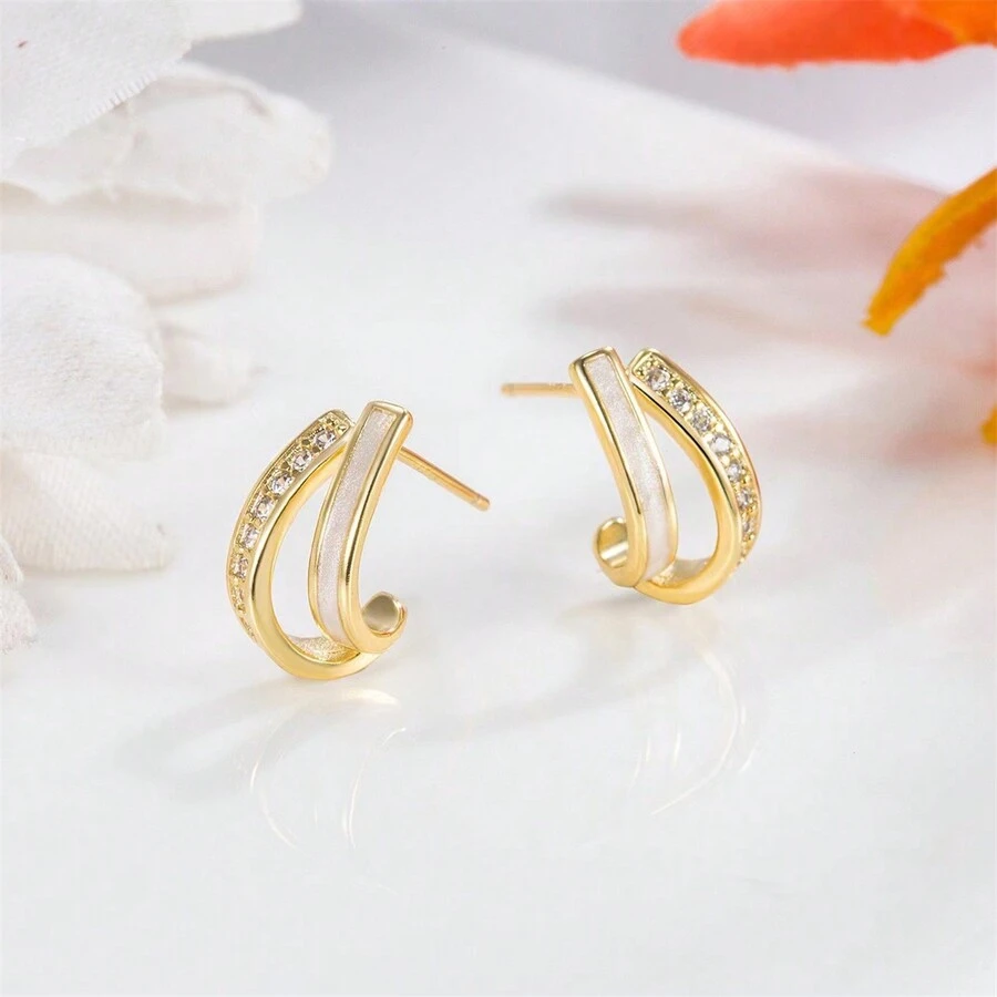 2 件时尚 925 纯银双层耳环，镶嵌方晶锆石和不对称双排设计，适合女性日常佩戴 - 雙層耳釘 - 查看 1