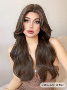 1-Piece Hand-Woven Synthetic Lace T-Part Wig In Ash Brown, 26 Inches, Natural And Realistic Long Curly Hair With A Center Part. - Brown - View 3