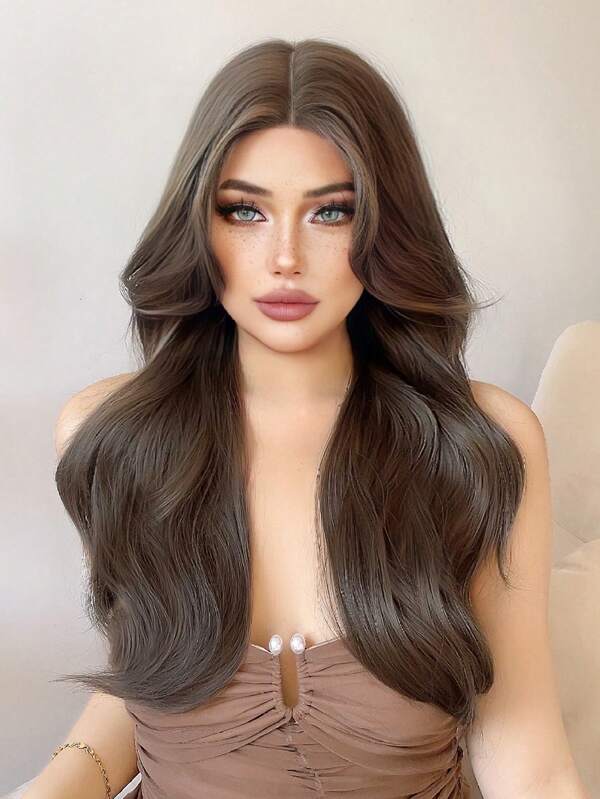 1-Piece Hand-Woven Synthetic Lace T-Part Wig In Ash Brown, 26 Inches, Natural And Realistic Long Curly Hair With A Center Part.