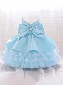 嬰兒女實色緞面和網眼無袖蓬蓬裙，大蝴蝶結裝飾，優雅的生日派對禮服 - 藍色 - 查看 1