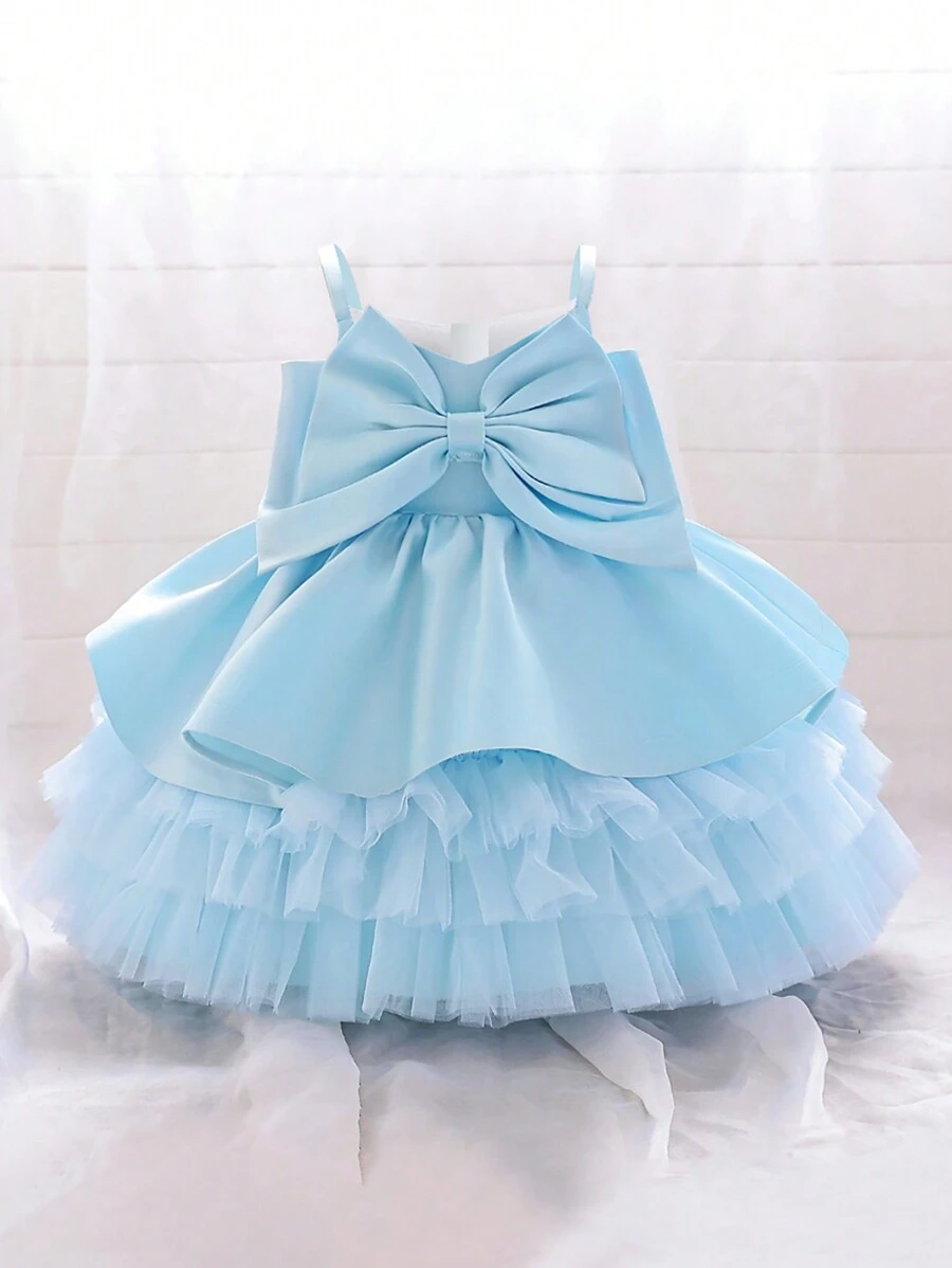 嬰兒女實色緞面和網眼無袖蓬蓬裙，大蝴蝶結裝飾，優雅的生日派對禮服 - 藍色 - 查看 1