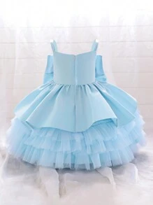 嬰兒女實色緞面和網眼無袖蓬蓬裙，大蝴蝶結裝飾，優雅的生日派對禮服 - 藍色 - 查看 2